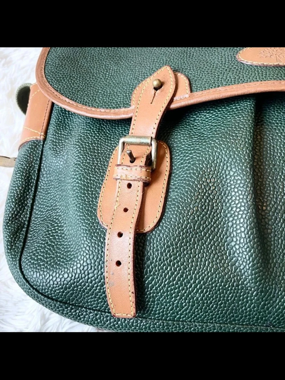 Mulberry Green Leather Messenger Bag with Brown Trim